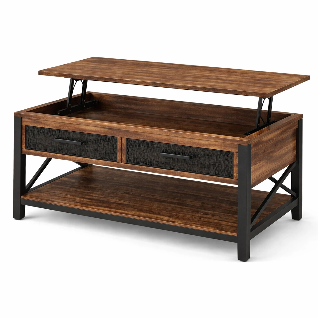 Mesa de centro elevable industrial nogal y negro-livaroe